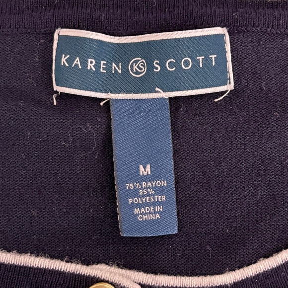 Karen Scott Cardigan Sz M Contrast Trim Navy Blue Cottagecore Nautical Preppy - Picture 7 of 8